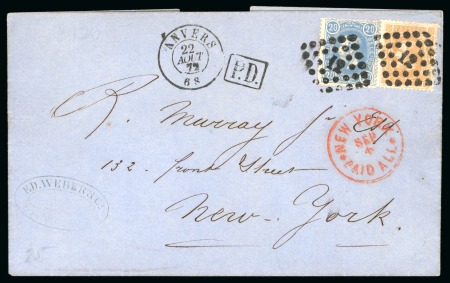 Belgium. 1872 (Aug 12). Cover from Antwerp to New York, 1869-80 20c and 30c 