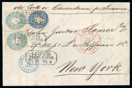 German States - Saxony. 1865 (April 4). Cover from Leipzig to New York, bearing 1863 2gr and 5gr pair