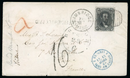 1868 (Feb). Single rate envelope from Cambridge to Paris, bearing 1866 15c