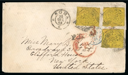 Italian States - Papal States. 1869 (Dec 20). Envelope from Rome to New York franked by three examples of 1868 40c