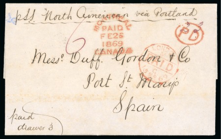 1869 (Feb 26). Stampless entire letter from Montreal to Spain via Portland