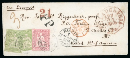 Switzerland. 1860 (April 2). Envelope from Basel to U.S., with Bern Printing 40r (2) and 15r