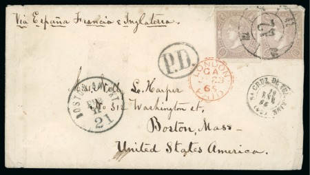 Spain. 1865 (Jan 19). Single rate envelope from Santa Cruz de Tenerife (Canary Islands) to Boston, franked by 1865 2r, two examples