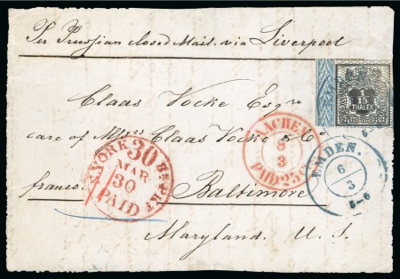 German States - Hanover. 1858 (March 6). Cover front from Emden to Baltimore, with marginal 1856-57 1/15th or 2sgr