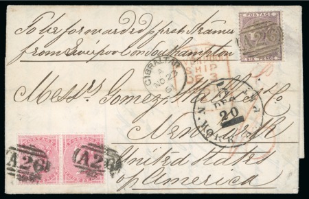 Stamp of United States » Incoming Mail Gibraltar. 1861 (Nov 23). Entire letter to New York, 1855-57 4d pair and 6d