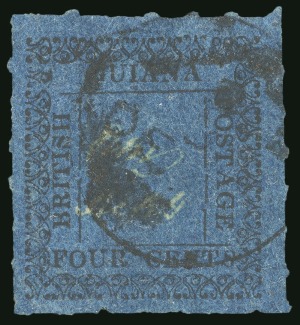 Stamp of British Guiana » Later Issues » 1862 Type-set Provisional Issue (SG 116-124) » Four Cent "Shell" Type Frame 1862 Provisionals 4 cent black on blue, roulette 6, type D, position 8, used