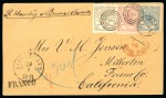 Denmark. 1868 Envelope from Copenhagen to Millerton, California, franked by 1864-70 2s, 3s and 16s, perf. 13x12 1/2