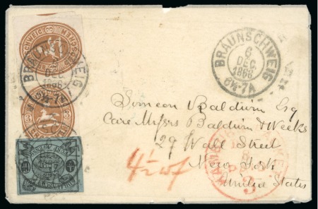 Brunswick. 1866 (Dec 6). Cover from Brunswick to New York, with 1863 1/2gr in combination with two 1865 3gr