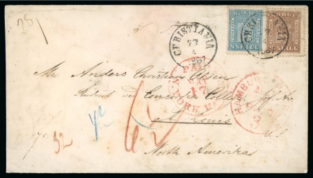 Norway. 1867 (April 28). Envelope from Christiana to St. Louis, 1863-67 4sk and 24sk