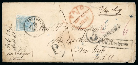 Austria. 1851 (Feb 16). Envelope from Freiwaldau (Silesia) to New York with 1850 9k
