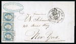 France. 1855 (April 28). Entire from Paris to New York, 1853-60 20c light blue pair and single