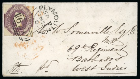 Great Britain. 1855 (Sept 2). Envelope via USA to Barbados, 1847-54 6d Embossed