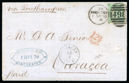 Great Britain. 1870 (Sep 1). Cover from Manchester to Curaçao, with 1867-80 1s green pl.4 paying single rate