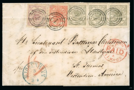 Stamp of Danish West Indies 1869 (Mar 8). Cover from Copenhagen to St. Thomas, Danish West Indies, with 1864-70 3sk, 4sk and strip of three 16sk 