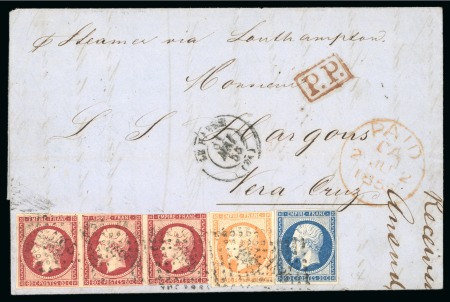 France. 1855 (May 31). Lettersheet from Le Havre to Vera Cruz, Mexico, with 1854 80c strip of three, 40c and 20c