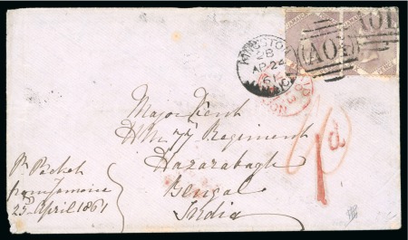 1861 (Apr 24). Envelope from Kingston to a Major in the 77th Regiment in India with 1859 6d dull lilac pair