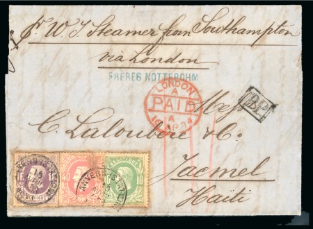 Belgium. 1874 (Apr 15). Entire from Antwerp to Jacmel, Haiti, with 1869-78 10c, 40c and 1F tied by Anvers Station cds