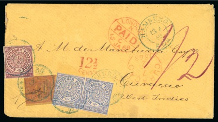 German States - North German Confederation. 1868 (Jan 13). Envelope from Hamburg to Curacao, combination franking with Prussia