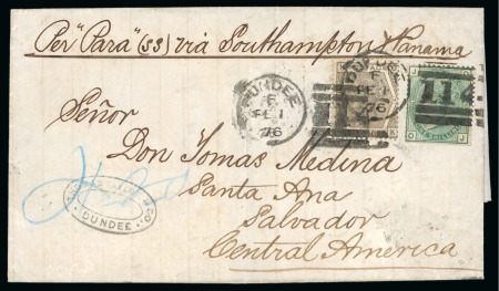 Great Britain. 1876 (Feb 1). Entire from Scotland to Salvador with 1873-80 1s pl.12 and 6d pl.14