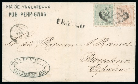 1872 (Jan 27). Mourning wrapper to Spain with 1871 50c and 1P cancelled by "parrilla colonial" obliterator