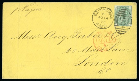 1875 (Jun 14). Envelope to England with GB 1873-80 1s pl.10 tied by St. Thomas "C51" duplex