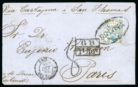 1864 Cover front from Bogota to France, with 1863 10c blue tied by oval "BOGOTA" hs