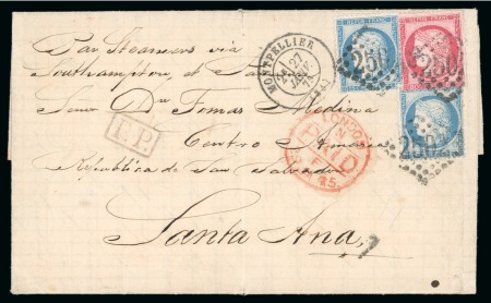Stamp of Salvador 1875 (Jan 27). Entire from Montpellier to Santa Ana, with two 1871 25c type III and single 1872 80