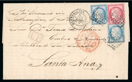 1875 (Jan 27). Entire from Montpellier to Santa Ana, with two 1871 25c type III and single 1872 80