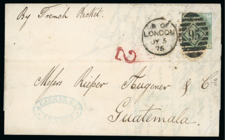 Great Britain. 1875 (Jul 5). Entire from London to Guatemala, with 1873-80 1s pl.11 tied by London "95" duplex