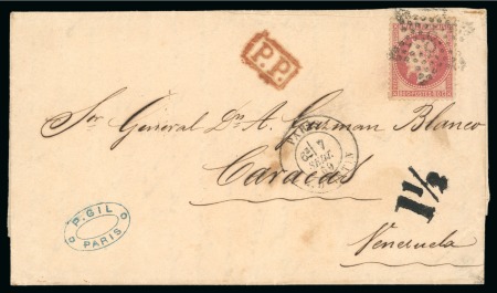 1869, Lettre de Paris pour Caracas (Venezuela), affranchissement