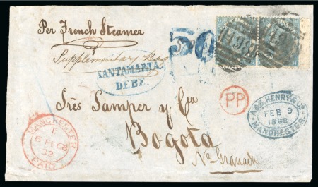 Great Britain. 1868 (Feb 6). Front from Manchester to Bogota, with 1867-80 2s pl.1 pair