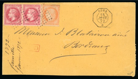 France. 1872 (Jan 18). Envelope from Santiago de Cuba to Bordeaux, France, with 1867 80c pair and 1870 40c