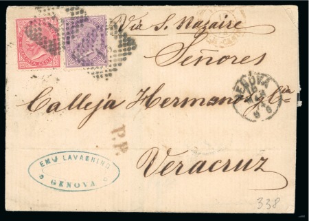 Italy. 1874 (Mar 16). Mourning wrapper from Genoa to Veracruz, with 1863 Torino Printing 40c and 60c