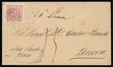 1858 Envelope from Lima to Genoa, Italy, with 1858 1p rose, earliest recorded usage