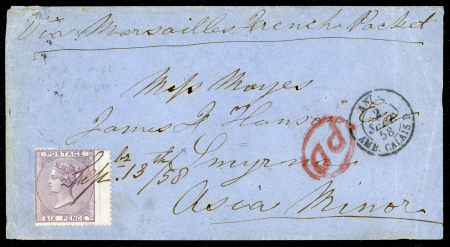 Stamp of Great Britain » 1855-1900 Surface Printed » 1855-57 No Corner Letters 1858 Cover from England to Smyrna with oval framed