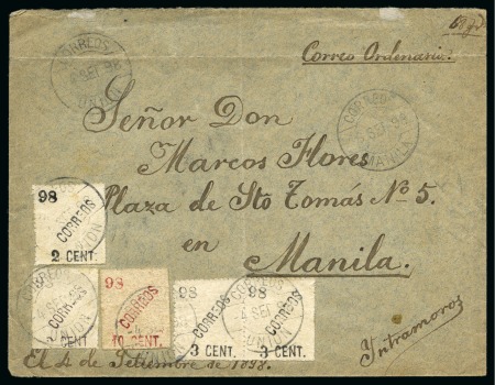 Stamp of United States » U.S. Possessions » Philippines » Filipino Revolutionary Mail La Unión Provisionals. 1898 Cover from La Unión to Intramuros, 2c in black (2), 3c pair in black and 10c in red
