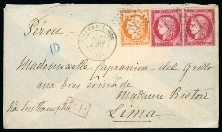 Stamp of Peru » Incoming Mail France. 1874 (Aug 22). Envelope from to Lima, with 1870 40c and 1872 80c pair in combination with Peru postage due
