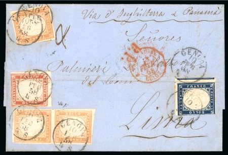 Stamp of Peru » Incoming Mail Italian States - Sardinia. 1858 (Feb 10). Wrapper from Genoa to Lima, with 1857-58 20c, 40c (3) and 80c