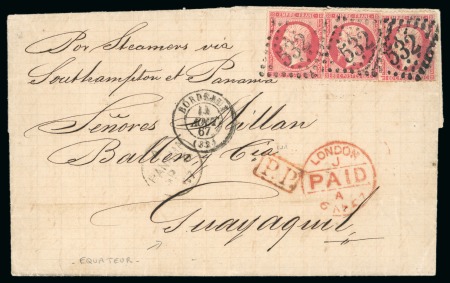 Stamp of Ecuador France. 1867 (Aug 13). Entire from Bordeaux to Guayaquil, with three 1862 80c paying the double rate,