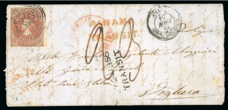 Stamp of Chile 1856 Cover from Santiago to Voghera, Sardinia, with 1855 Second London Print 5c brown-red on blue paper