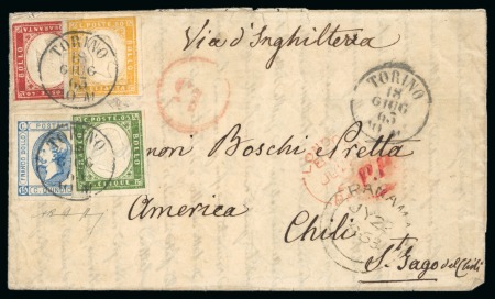 Italy - Sardinia & Kingdom. 1863 (Jun 18). Wrapper to Santiago with 1855-58 5c, 40c and 80c in combination with Italian Kingdom 1863 15