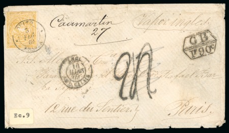 1869 (Feb 3). Envelope from Quito to Paris, France, with 1865-72 1r orange yellow