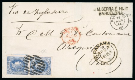 Stamp of Peru » Incoming Mail Spain. 1864 (Aug 26). Wrapper from Barcelona to Arequipa, with 1864 2r blue on rose vertical pair