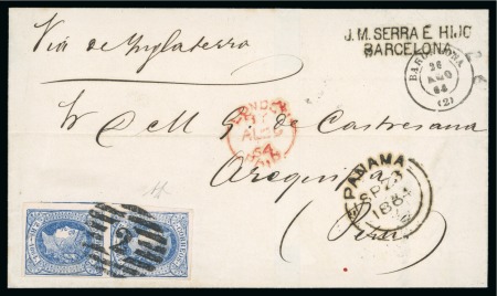 Spain. 1864 (Aug 26). Wrapper from Barcelona to Arequipa, with 1864 2r blue on rose vertical pair