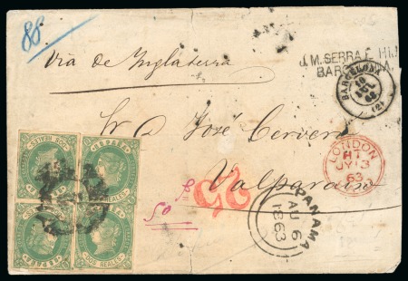 Spain. 1863 (Jul 10). Wrapper from Barcelona to Valparaiso, franked with four 1862 2r in vertical pair and two singles 