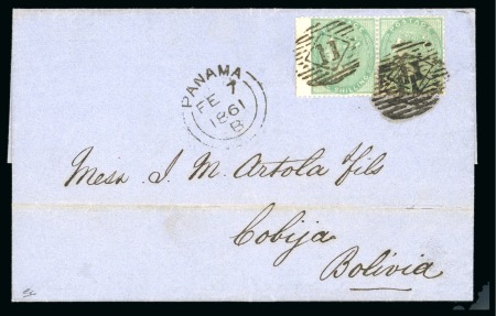Great Britain. 1861 (Jan 16). Wrapper from London to Cobija, with 1855-57 1s green pair tied by London "11" numerals