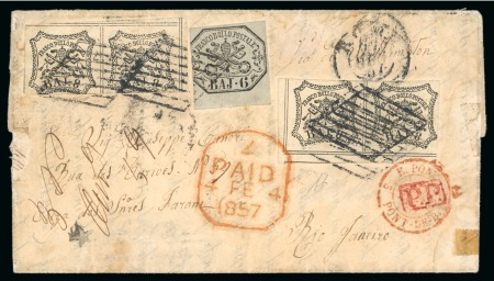 Italy - Papal States. 1857 (Jan 27) Entire from Rome to Rio de Janeiro, with 1852 6b greenish grey and two pairs of 8b