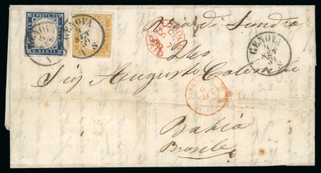 Italian States - Sardinia. 1857 (Jan 27). Wrapper from Genoa to Bahia, with 1855-63 20c indigo and 80c ochre orange