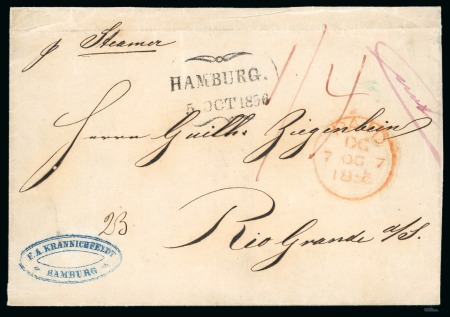 Germany - Hamburg. 1856 (Oct 5). Wrapper from Hamburg to Rio Grande do Sul