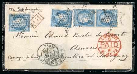 France. 1872 (May 8). Mourning envelope from Paris to Asunción, with 1871 25c type I in two singles and a pair
